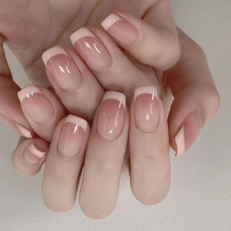 24Pcs/Box Pink French Square Press On Nails