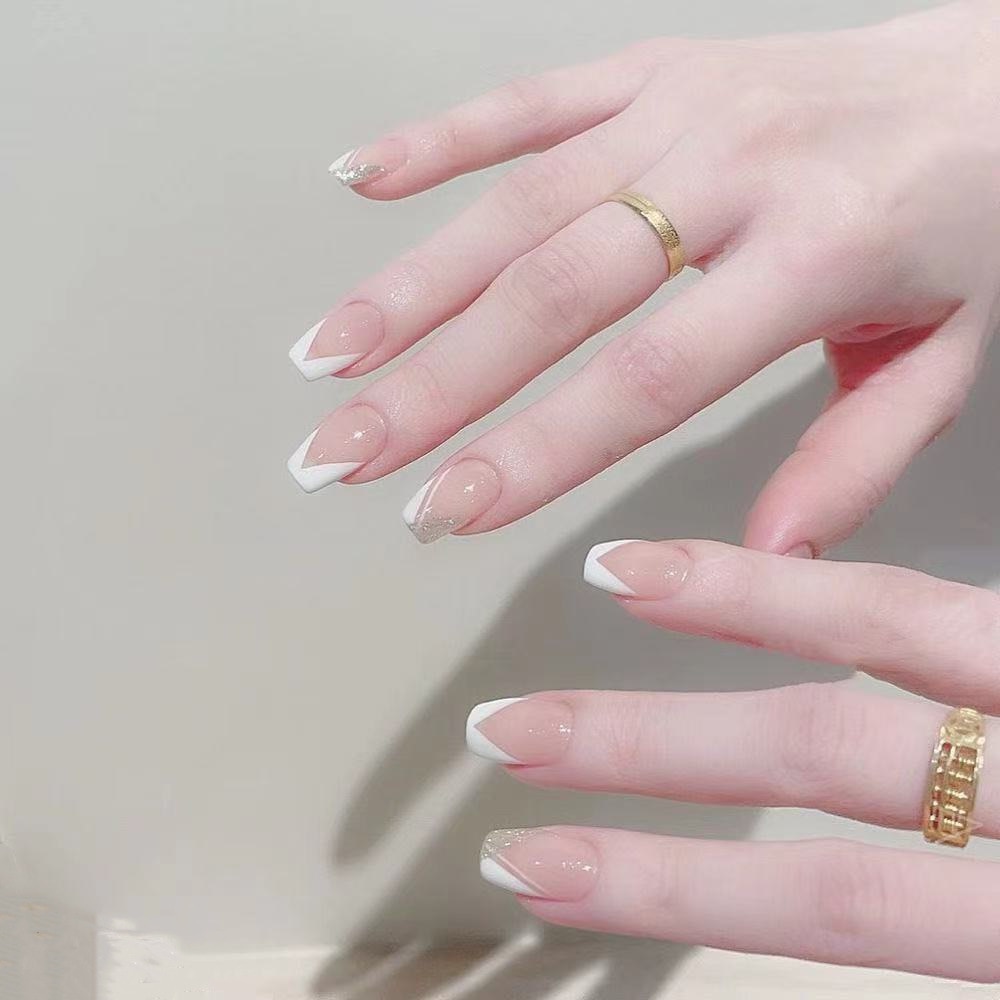 24Pcs/Box White Almond French Press On Nails