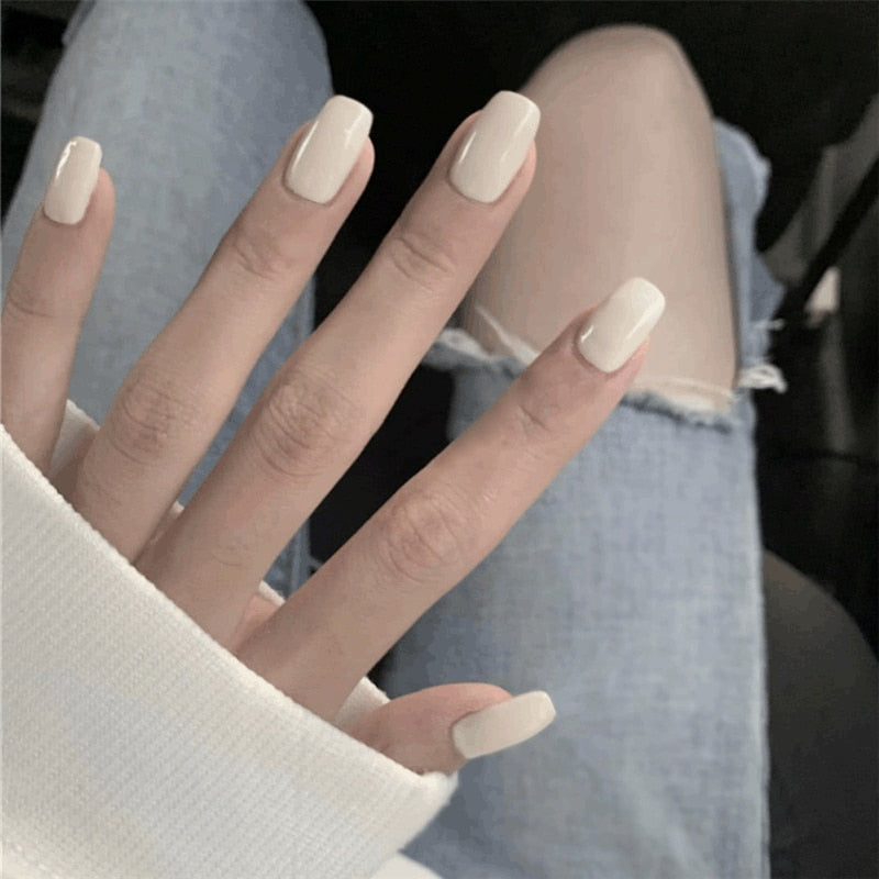 24Pcs/Box Vanilla French Almond Press On Nails