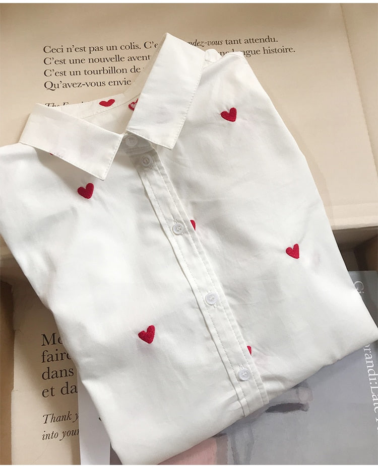 Heart Embroidery White Shirt