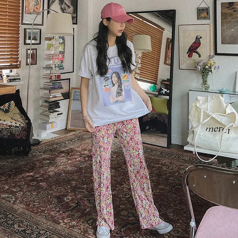Multicolor Floral Wide Leg Trousers Pants