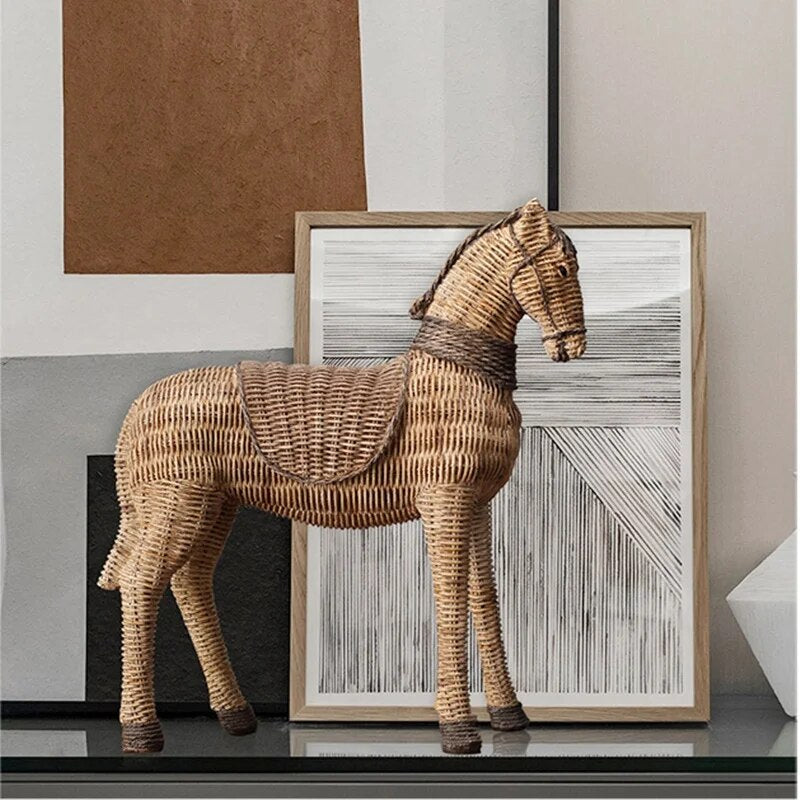 Horse Resin Statue Rattan