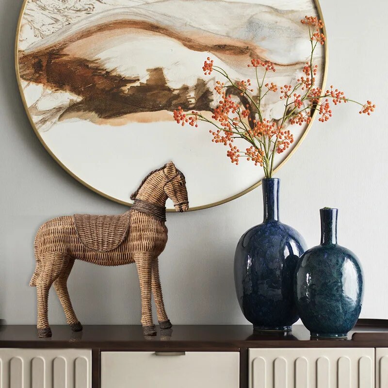 Horse Resin Statue Rattan