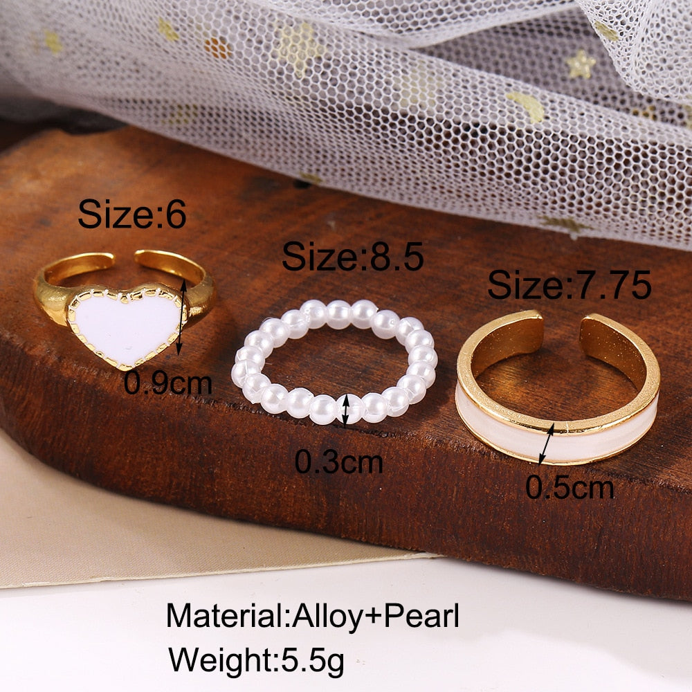 3Pcs Heart Pearl Rhinestone Ring