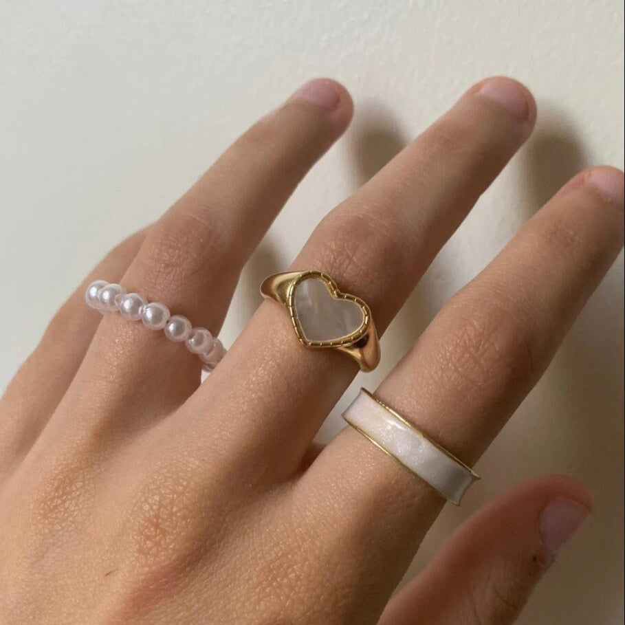 3Pcs Heart Pearl Rhinestone Ring