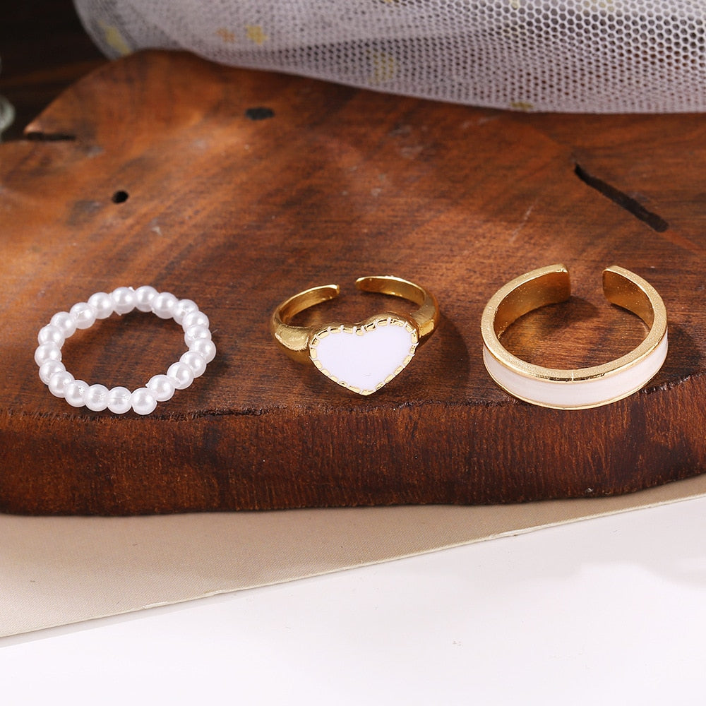3Pcs Heart Pearl Rhinestone Ring