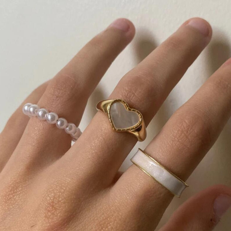 3Pcs Heart Pearl Rhinestone Ring