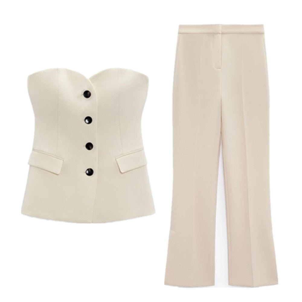 Cream Pant + Vest Two Piece Set