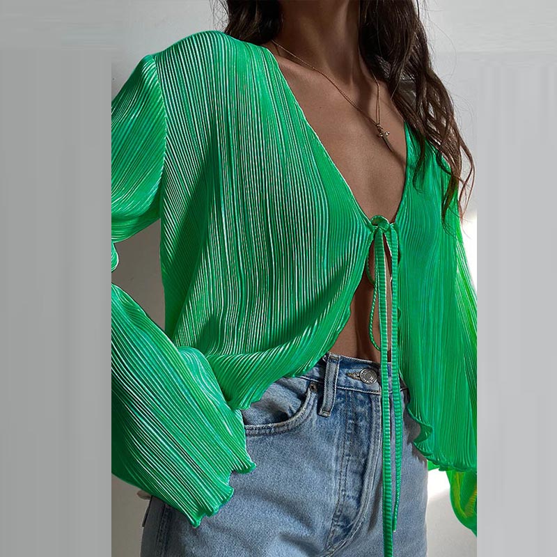 Green Long Flare Sleeve Tie Up Top