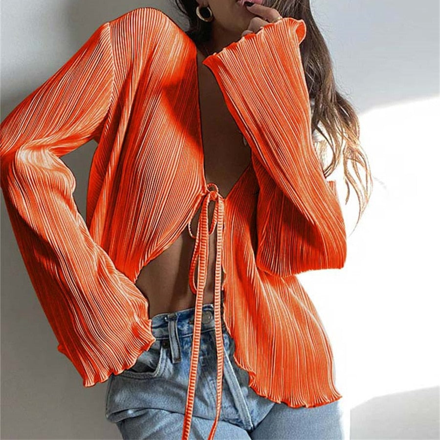 Orange Long Flare Sleeve Tie Up Top