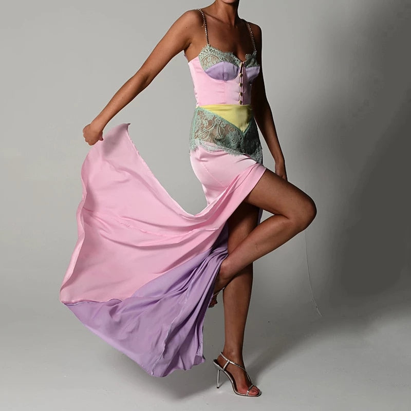 Pink Lace Patchwork Long Party Dress