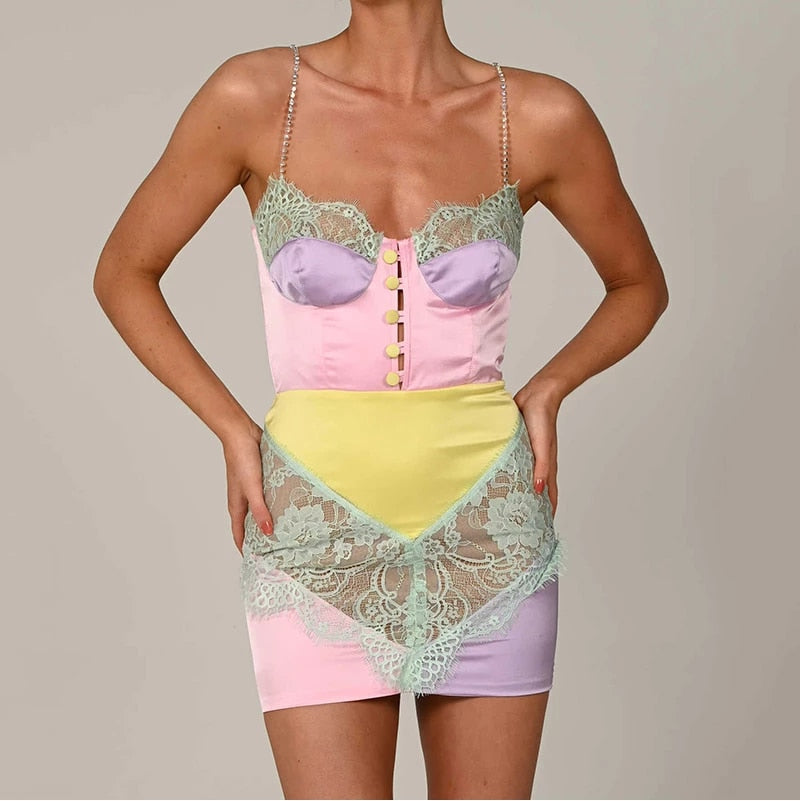 Pink Lace Patchwork Mini Party Dress