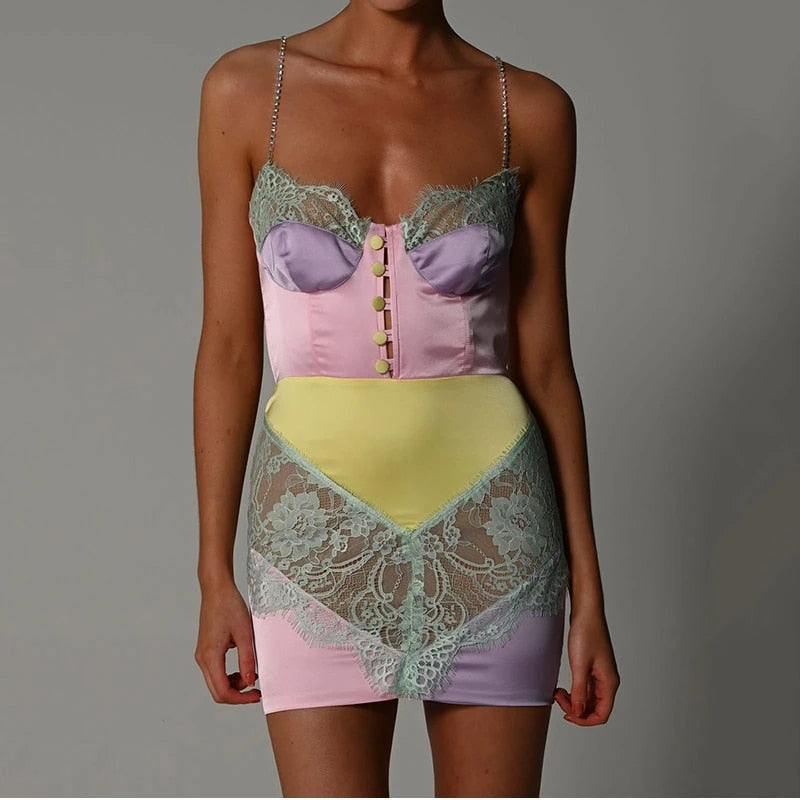 Pink Lace Patchwork Mini Party Dress