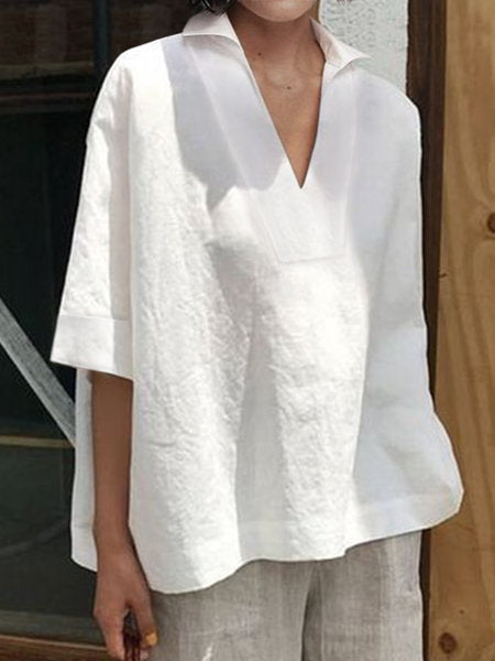 V Neck Cotton Linen Shirt