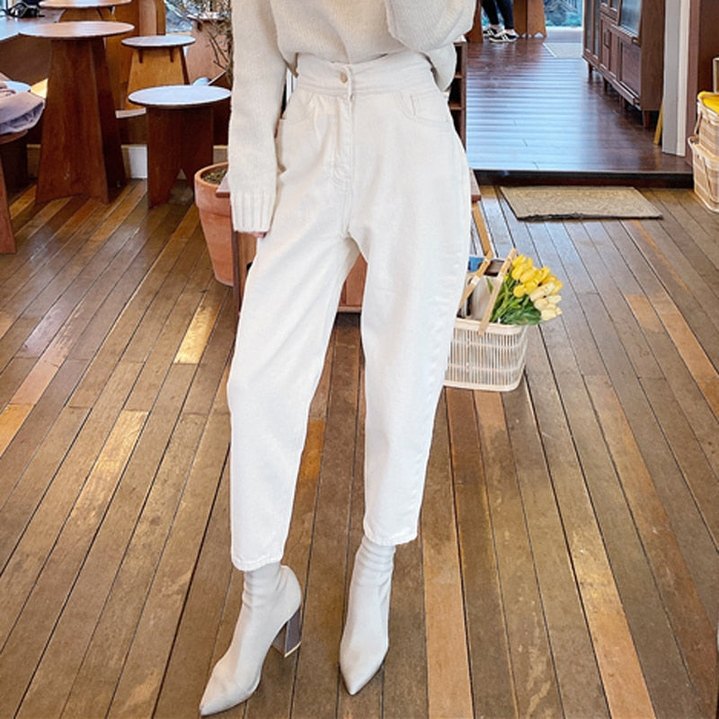 High Waist Loose White Denim Jeans
