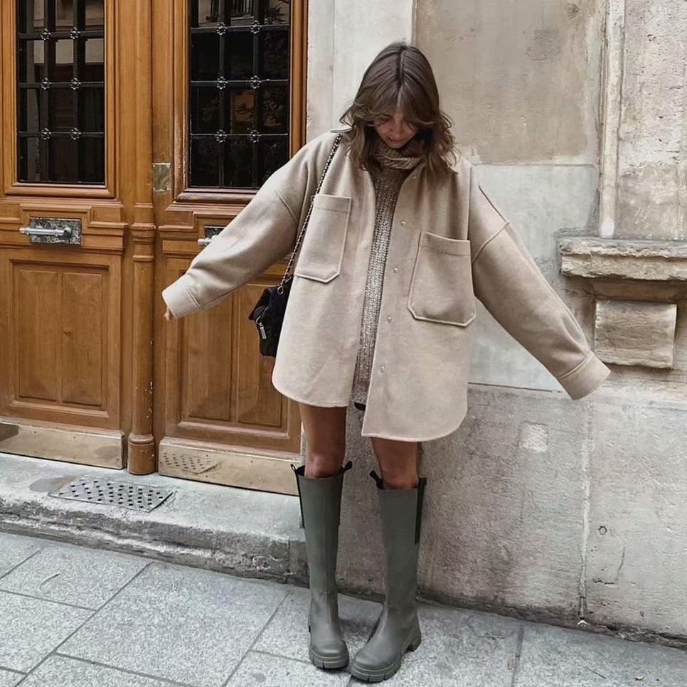 Camel Loose Pocket Woolen Jacket
