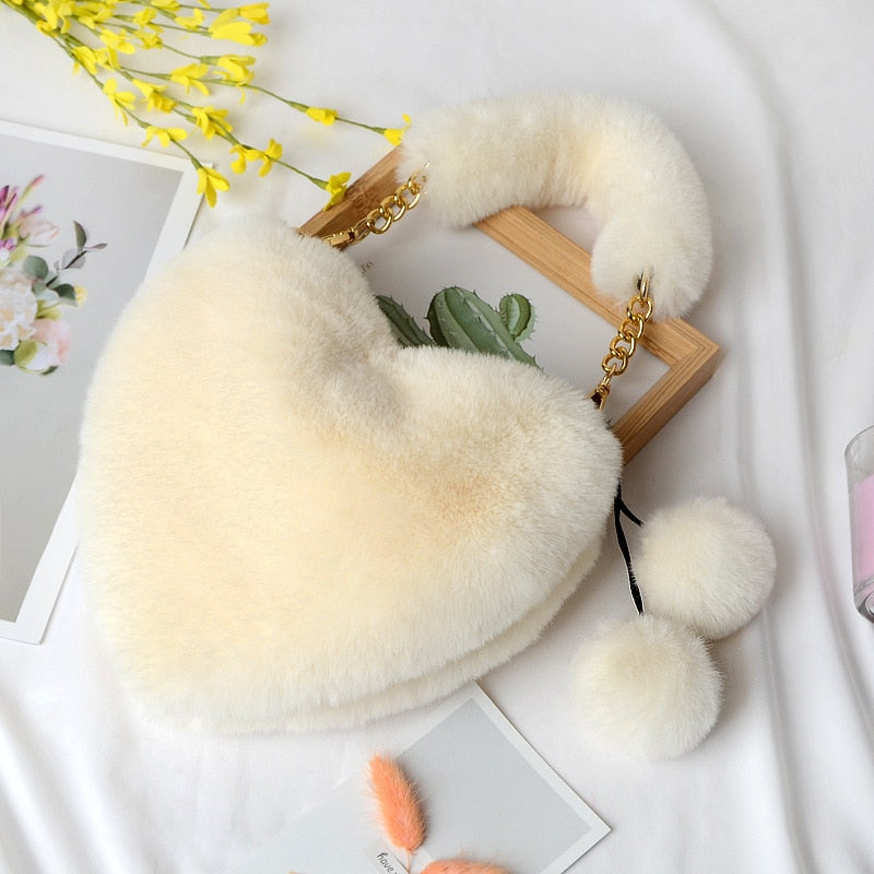Faux Fur Heart Shaped Shoulder Bag
