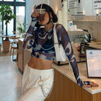 Print Long Sleeve Mesh Crop Top T Shirt