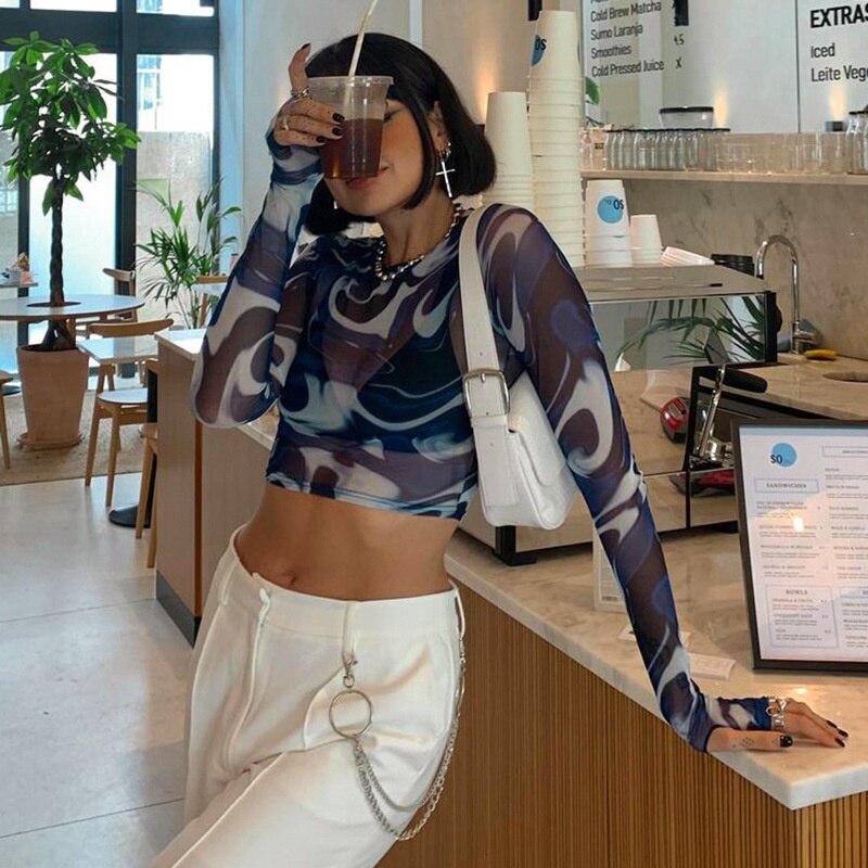 Print Long Sleeve Mesh Crop Top T Shirt