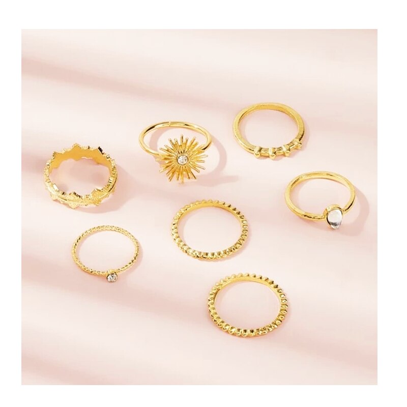 7Pcs Set Rhinestone Sun Shape  Gold Ring