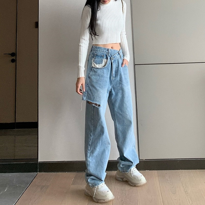 Asymmetrical Waist Straight Jeans