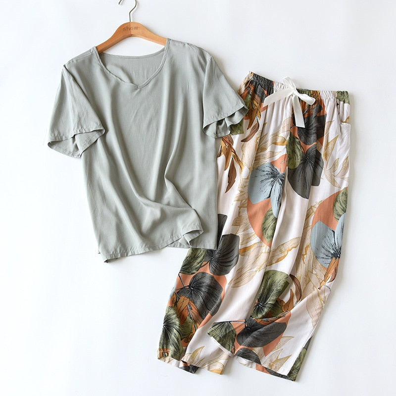 Floral Printed Short Sleeve+Pants 2Pcs Set