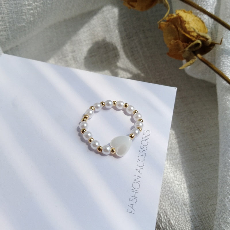 Pearls Gold  White Heart Ring