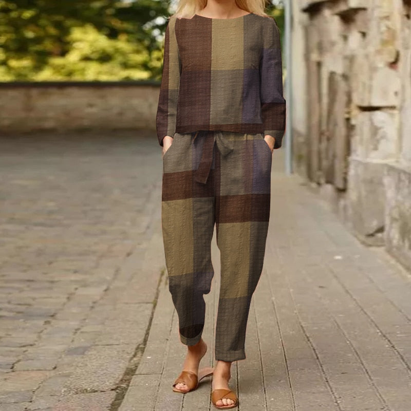 Yellow Plaid Pattern Cotton Two Piece Suit