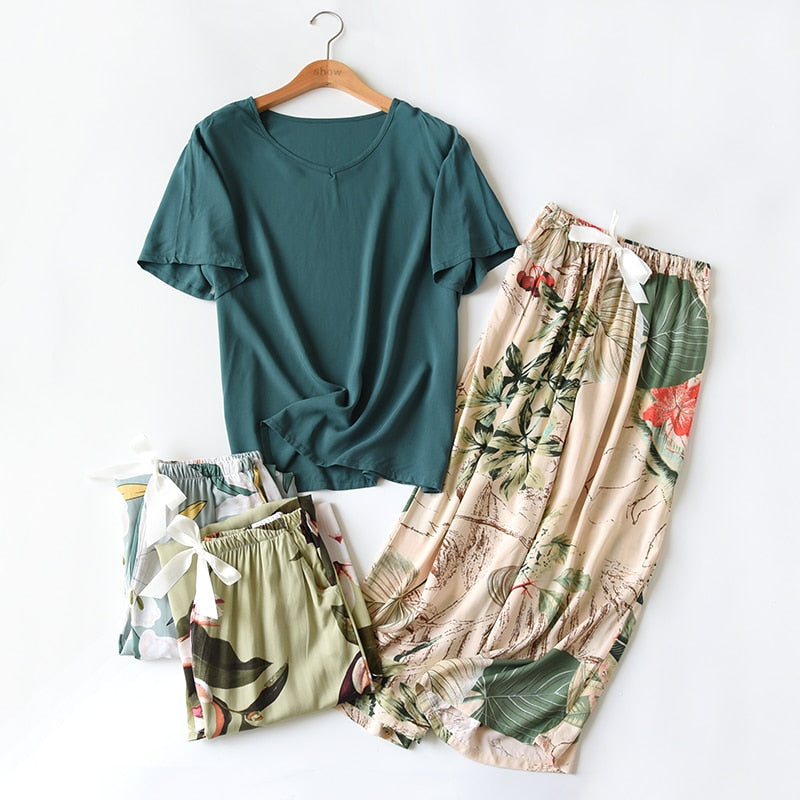 Floral Printed Short Sleeve+Pants 2Pcs Set