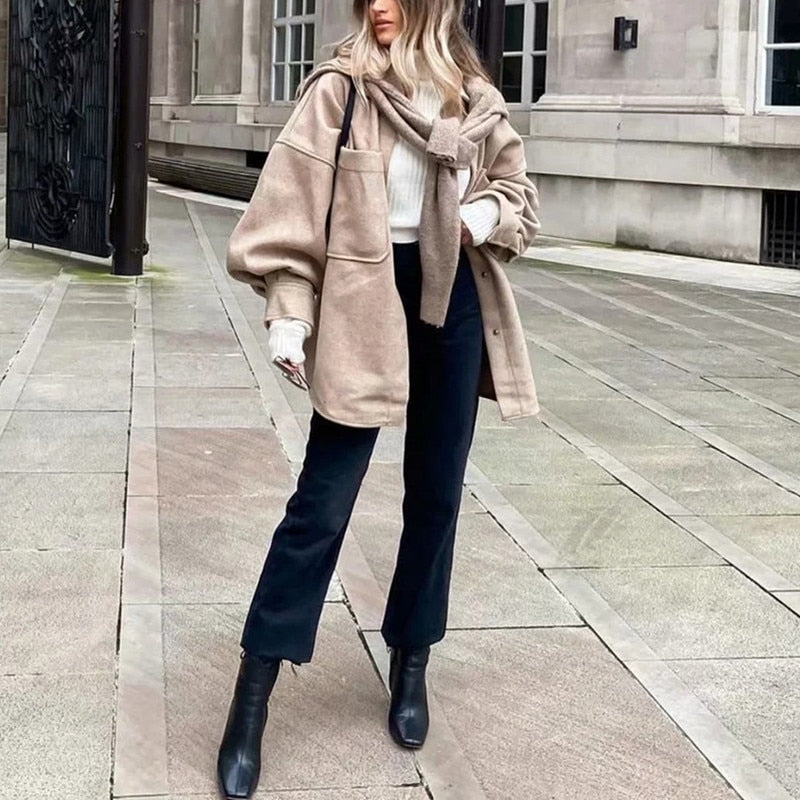 Camel Loose Pocket Woolen Jacket