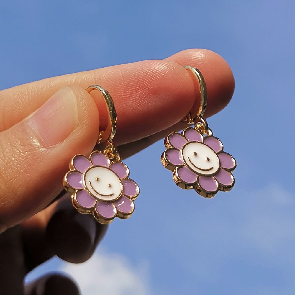 Purple Smile Face Daisy Hoop Earrings