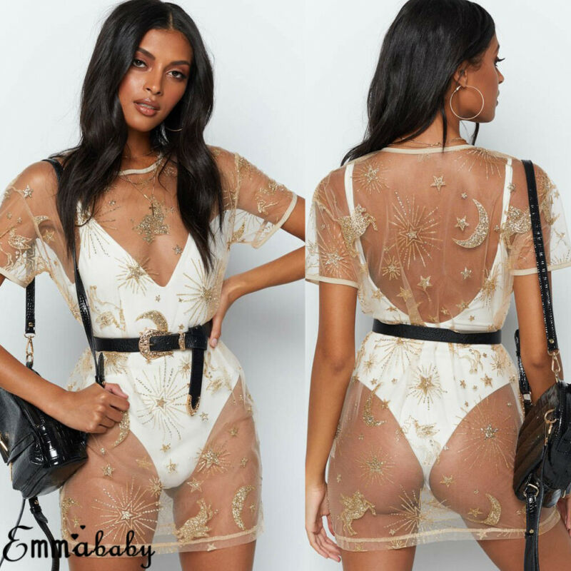 Gold Sequin Moon Star Print Mesh Mini Dress