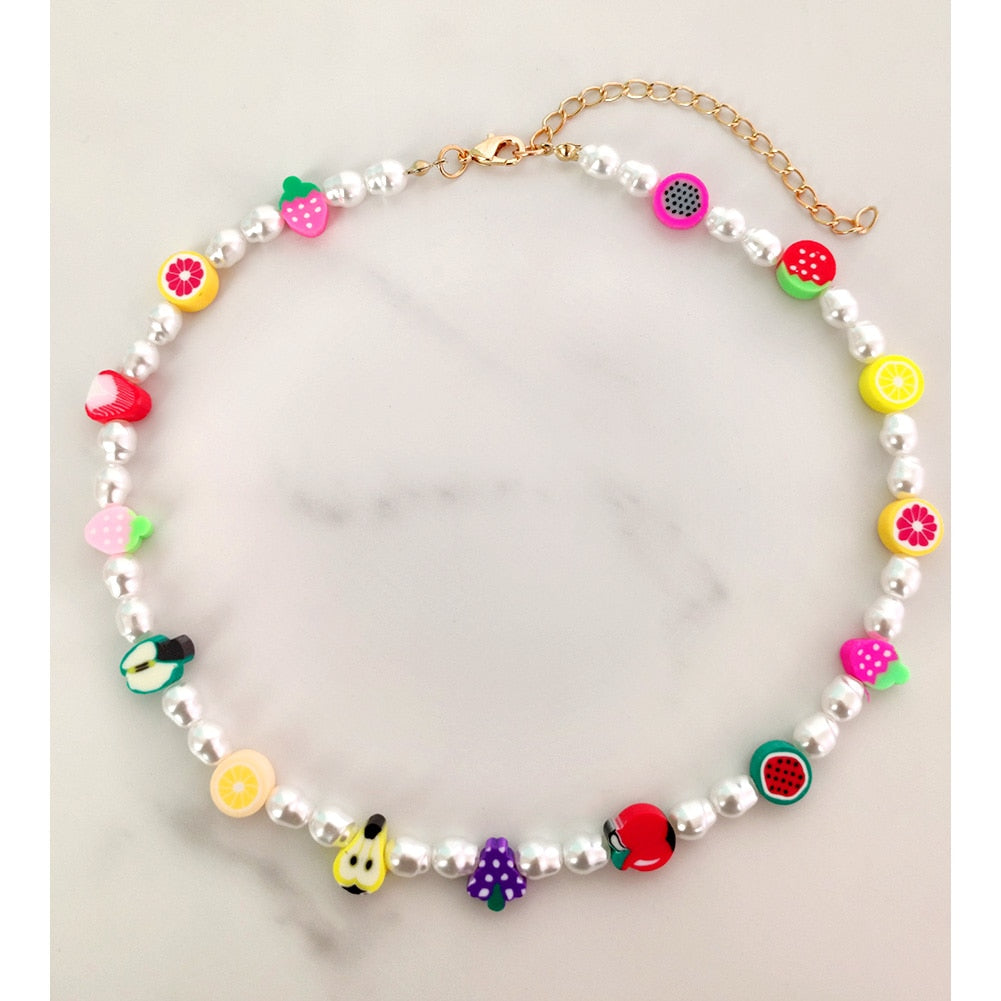 Boho Smiley Pearl Rainbow Choker Necklace