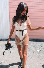 Gold Sequin Moon Star Print Mesh Mini Dress
