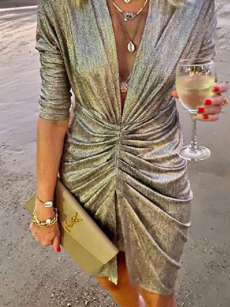 V Neck Draped Silk Dress