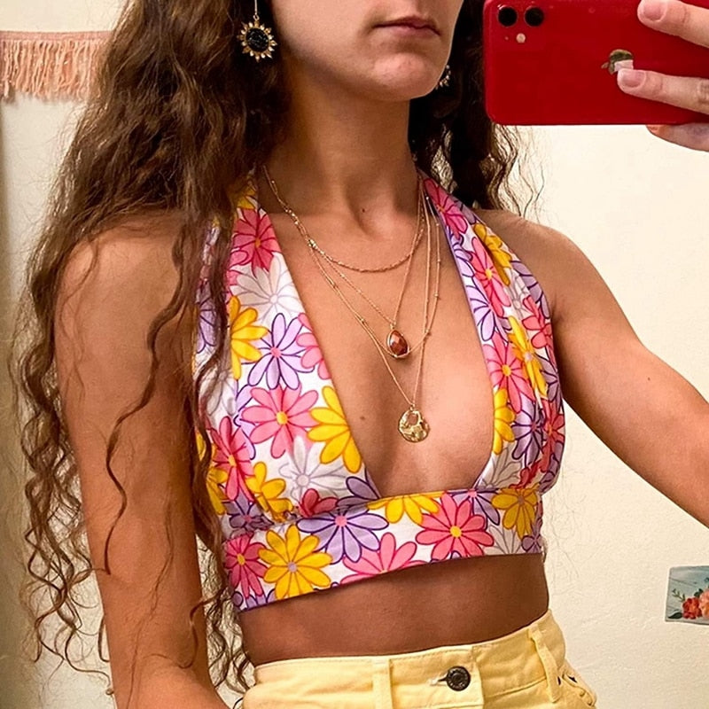 Pink Floral Halter Crop Top