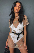 Gold Sequin Moon Star Print Mesh Mini Dress