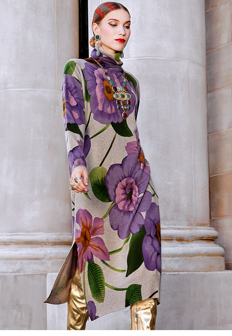 Floral Knited Turtleneck Sweater Dress