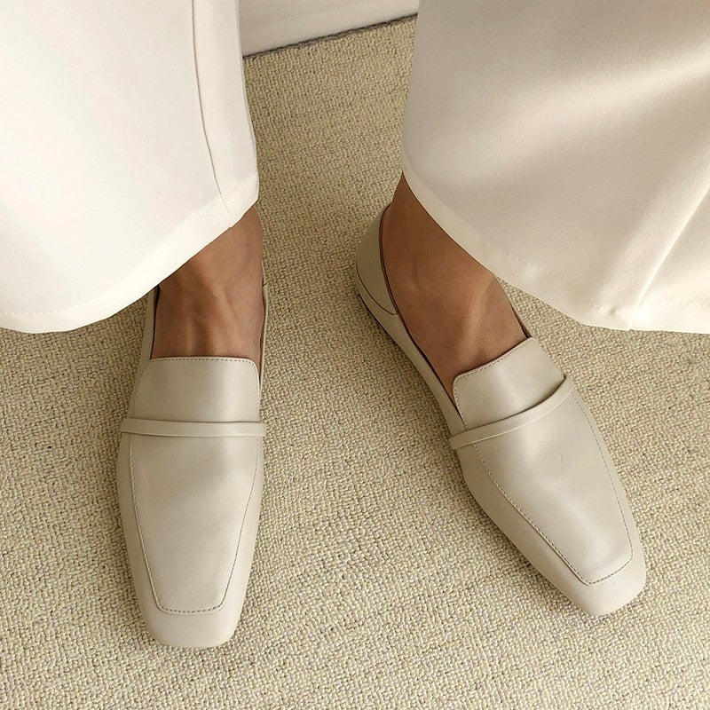 Leather Square Toe Flats Casual Loafers