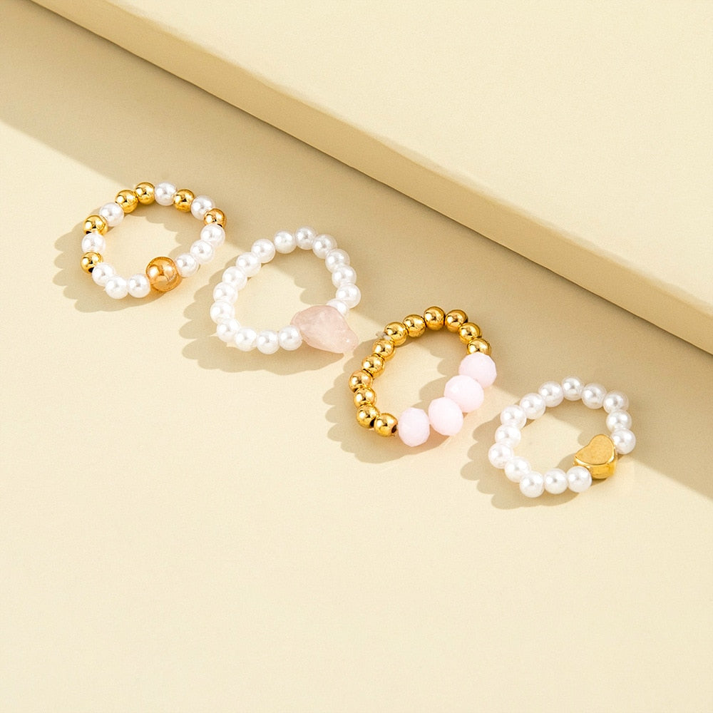 4 Pcs Pearl Stone Heart Ring