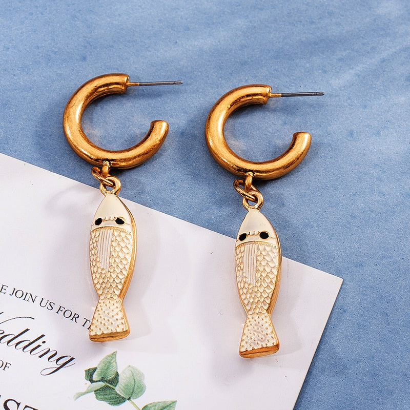 Gold Fish Drop Earrings