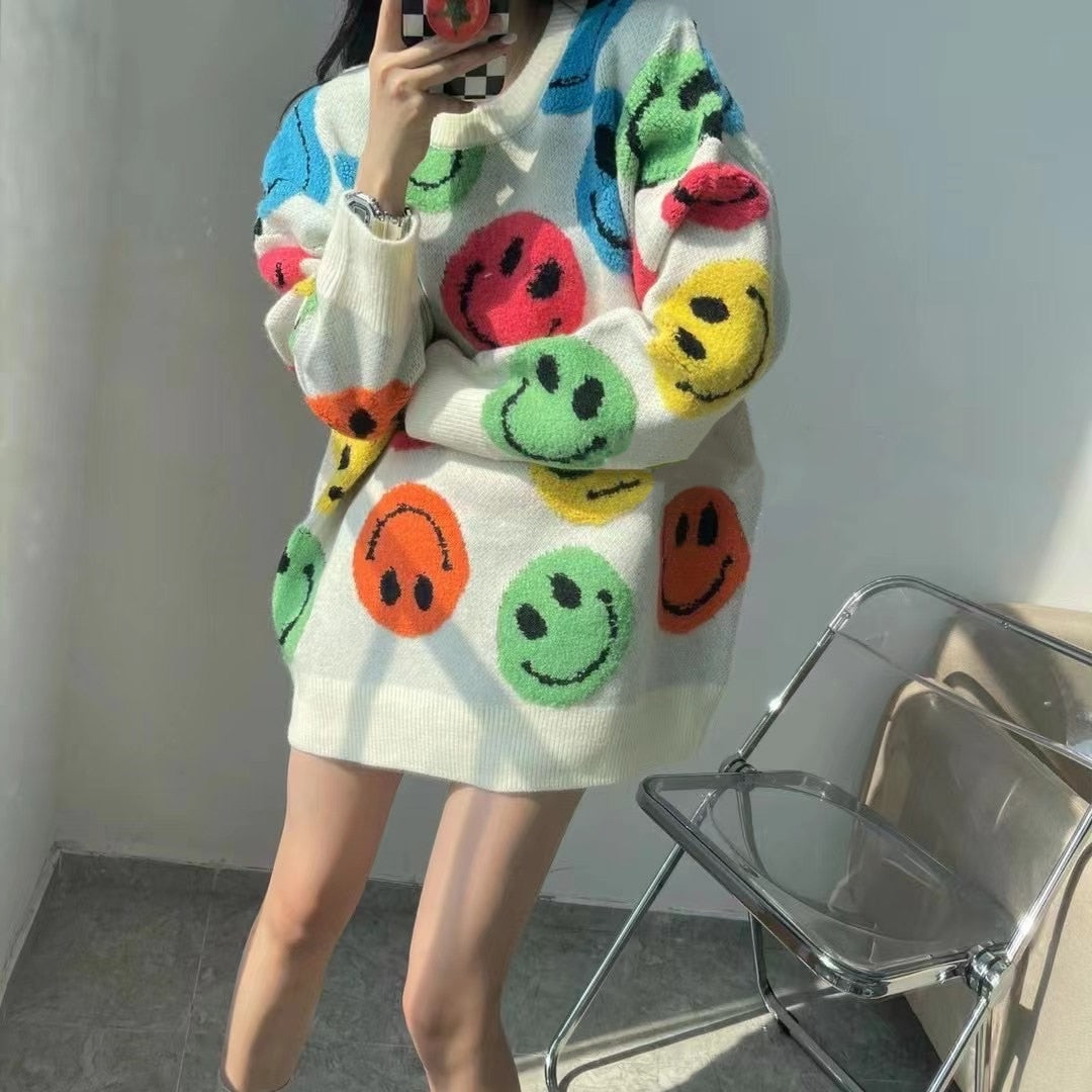 Smiling Face Knit Sweater Oversized