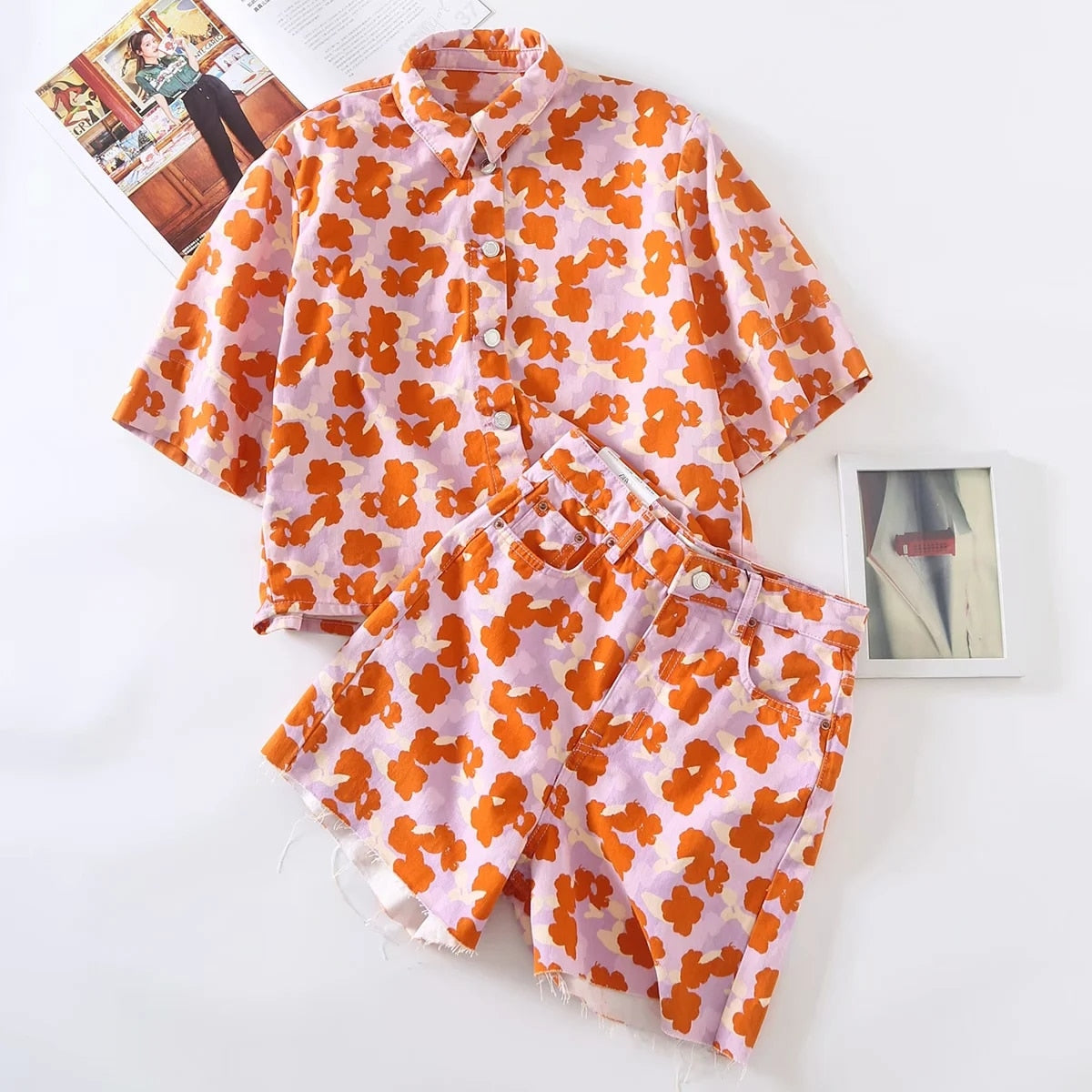 Flowers Print Denim Cotton Two-piece Set