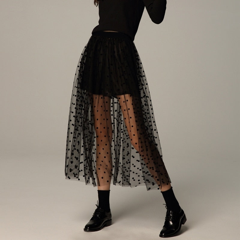 Polka Dot Long Mesh Tulle Skirt