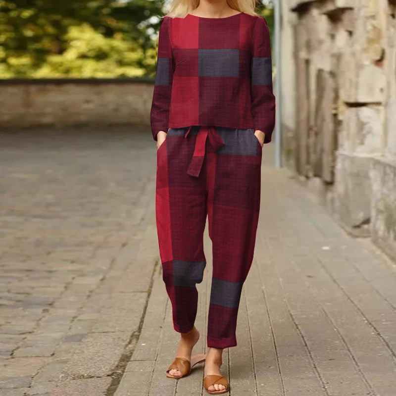 Wine Red Plaid Pattern Cotton Two Piece Suit