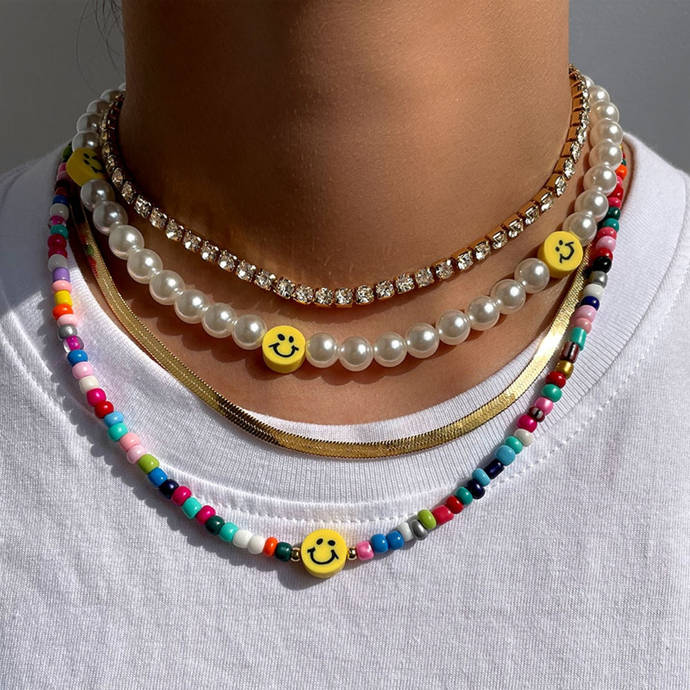 Boho Smiley Pearl Rainbow Choker Necklace