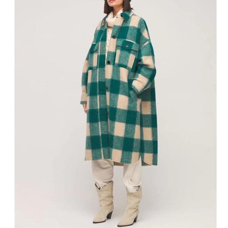 Wool Green Plaid Long Coat