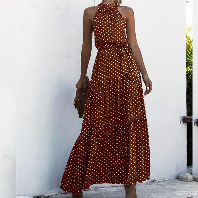 Burgundy Black Polka Dot Halter Dress