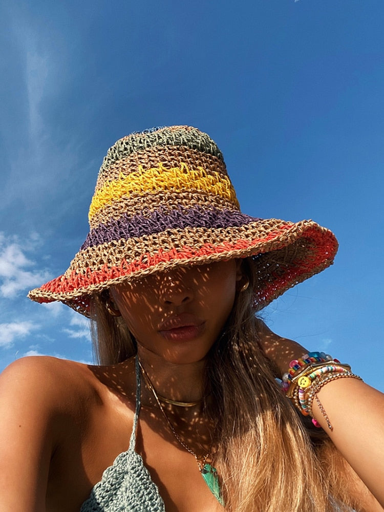 Straw Handmade Rainbow Striped Crochet Bucket Hat
