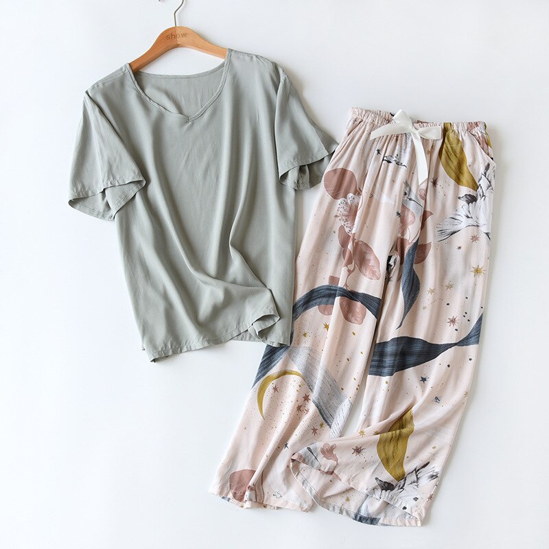 Floral Printed Short Sleeve+Pants 2Pcs Set